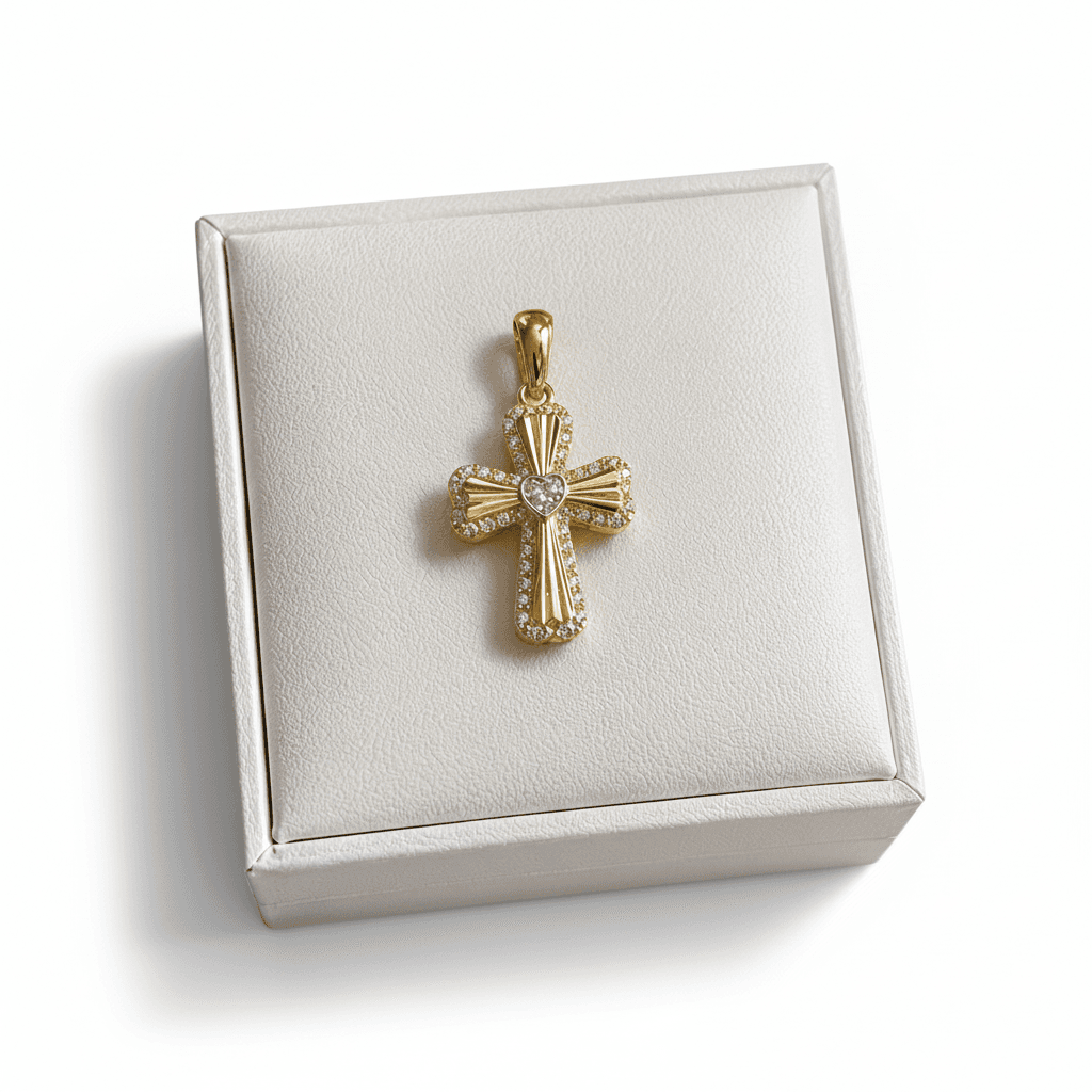 Gold Diamond Heart Cross Pendant