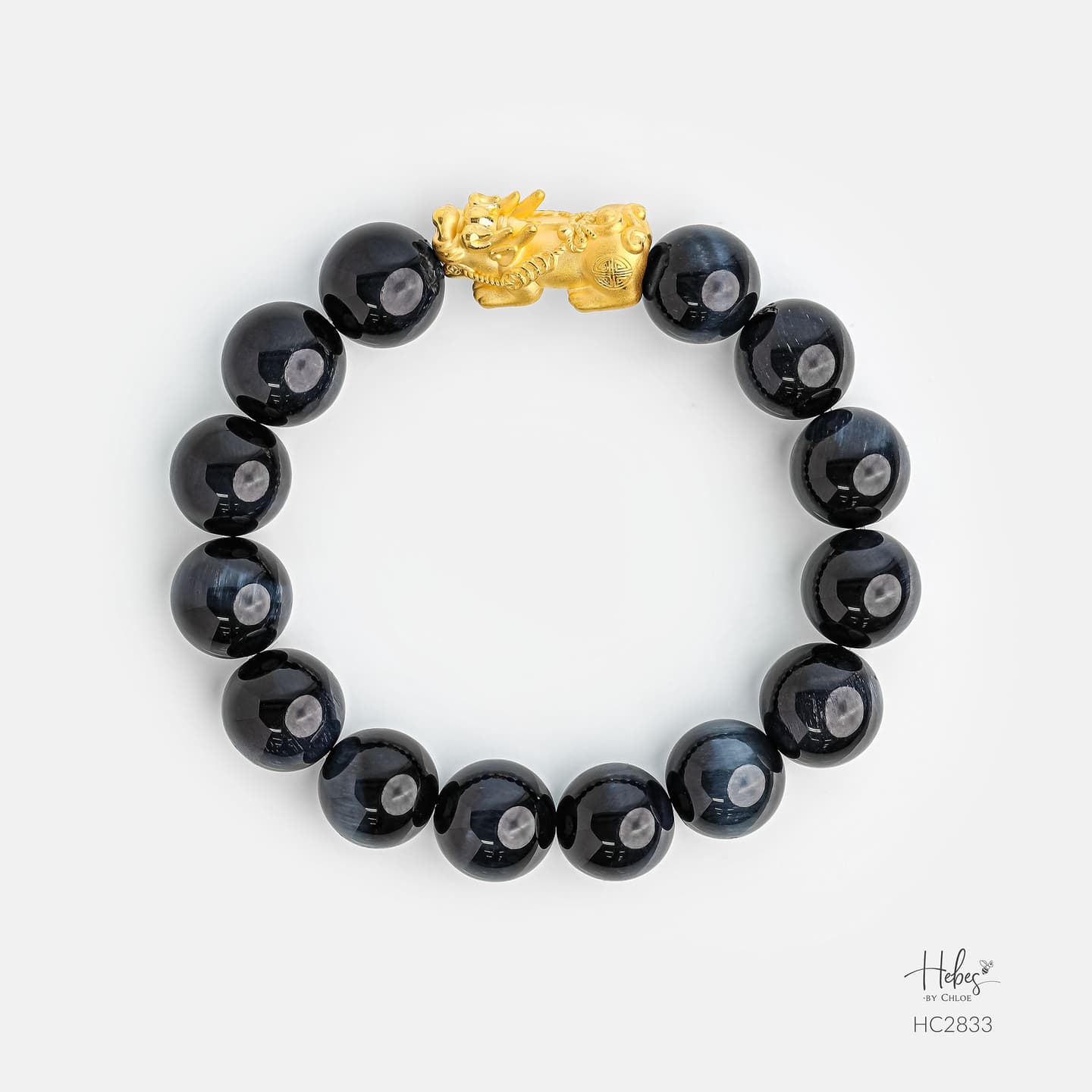 24K Gold Pixiu Blue Tiger Eye Bracelet (12mm) 992833