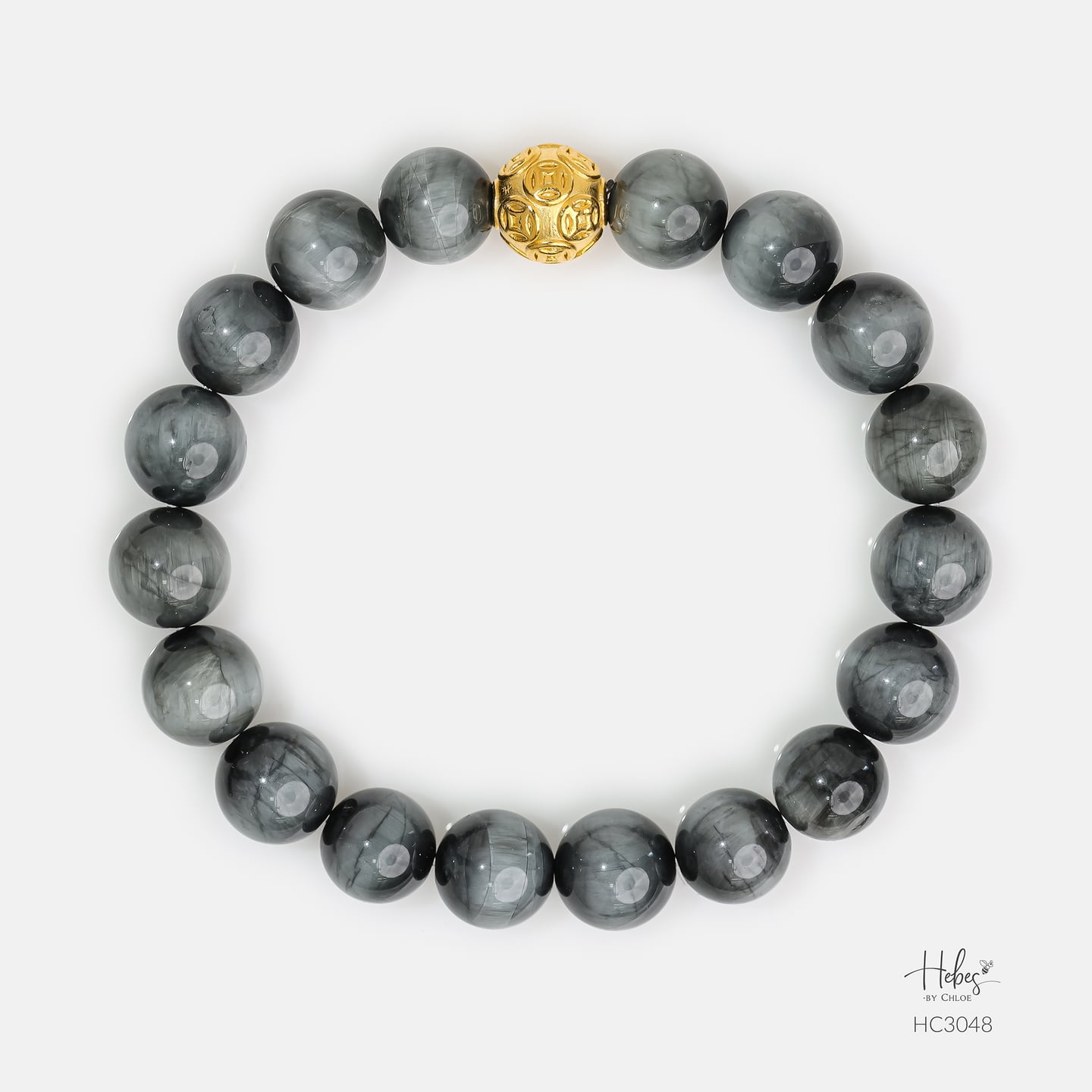 Gold Vermeil Money Ball Grey Tiger Eye Bracelet (12mm)