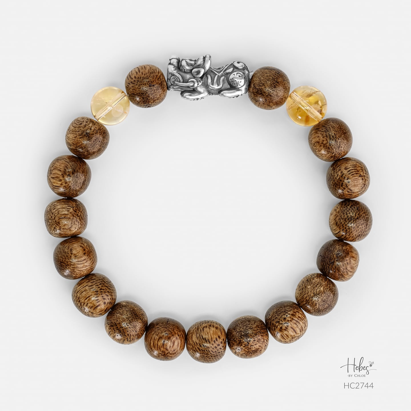 Vietnamese Agarwood Yellow Rutilated Quartz Pixiu Dragon Charm Bracelet HC2744